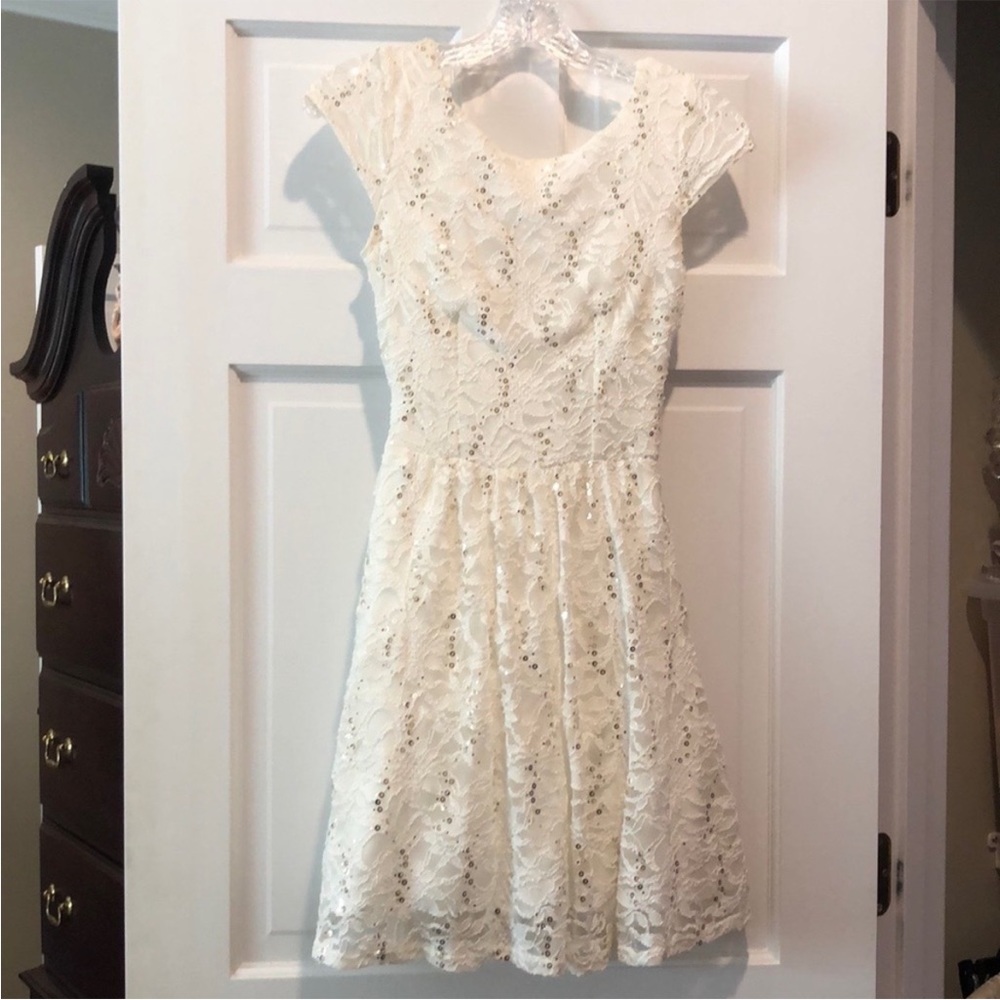 Gorgeous off-white sequin and lace B Darlin dress with v-back and tulle skirt